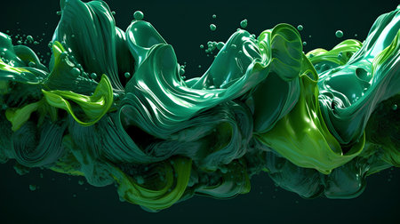 3d rendering of abstract green liquid splash isolated on black background.の素材
