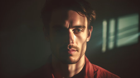Portrait of a handsome young man in a red shirt. Men's beauty, fashion.の素材