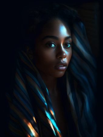 Beautiful african american woman with blue scarf on dark backgroundの素材