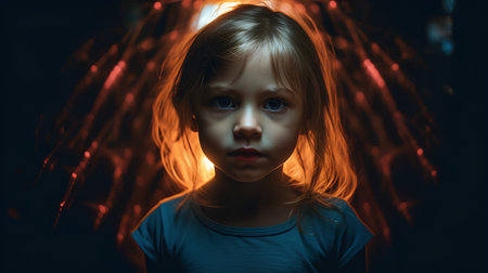 Portrait of a little girl with long hair in a dark room.の素材