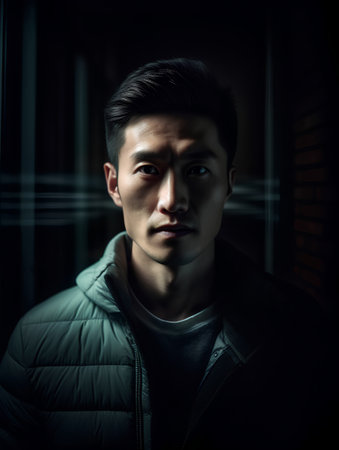 Portrait of a handsome asian man in a dark room.の素材