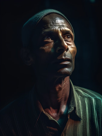 Portrait of an African-American man in a dark room.の素材