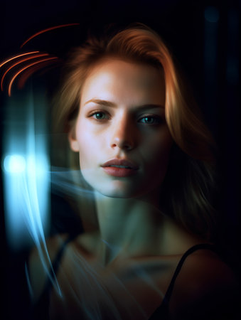 Portrait of a beautiful young woman in a dark room with lightsの素材