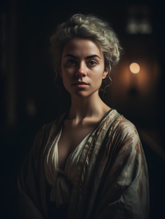 Portrait of a beautiful young woman with curly hair in a vintage dressの素材