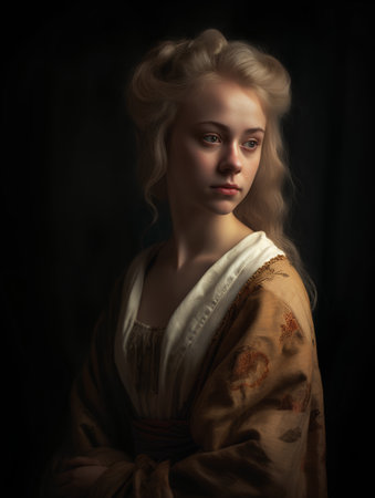 Portrait of a beautiful girl in medieval dress on a dark backgroundの素材