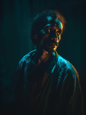 Portrait of an Indian man in a dark room with lights.の素材