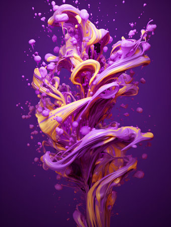 Abstract paint splashes on purple background. 3d rendering, 3d illustration.の素材