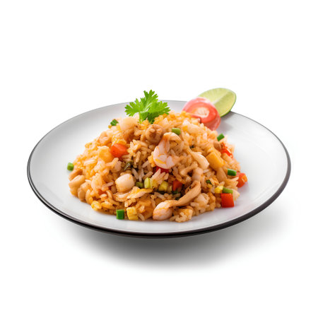 Plate of fried rice with shrimps and vegetables isolated on white backgroundの素材