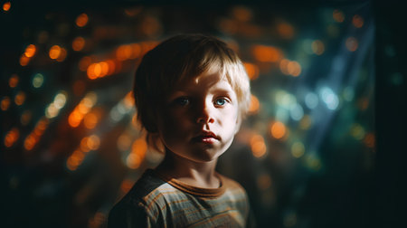 Portrait of a cute little boy in a dark room with lightsの素材