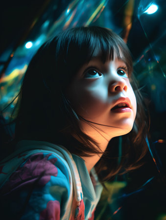 Portrait of a beautiful little girl in a dark forest. Close-up.の素材