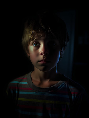 Portrait of a little boy in a dark room at night.の素材