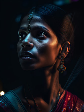 Beautiful african american woman in red saree and earringsの素材