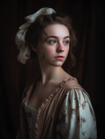 Portrait of a beautiful young woman in medieval dress. Studio shot.の素材
