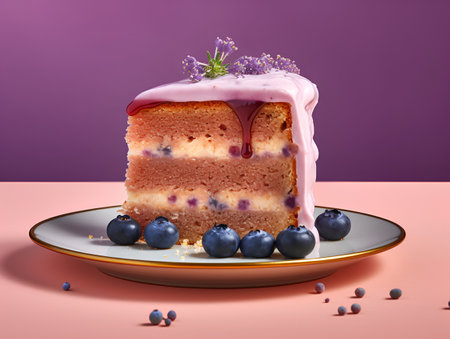 Piece of cake with cream and berries on a purple background.の素材