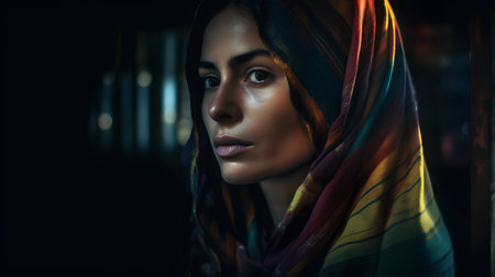 Portrait of a beautiful muslim woman in a colorful scarf.の素材