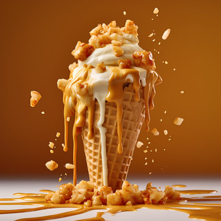 Ice cream with caramel in waffle cone on orange background. 3d renderingの素材