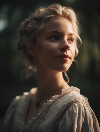 Portrait of a beautiful young woman with wavy hair in a vintage dressの素材