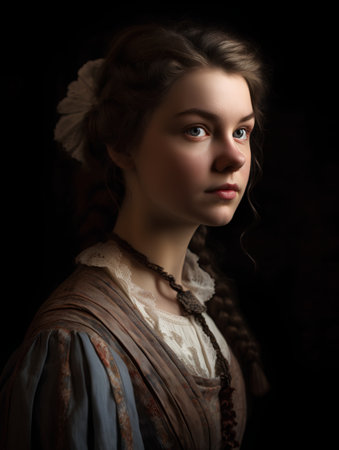 Portrait of a beautiful young girl in medieval dress on dark backgroundの素材