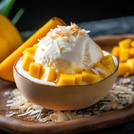 Mango ice cream with coconut flakes in a wooden bowl on a black backgroundの素材