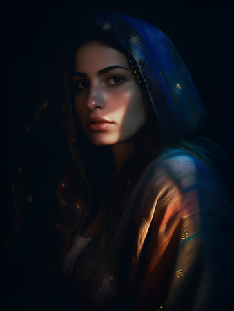 Portrait of a beautiful girl in a blue shawl.の素材
