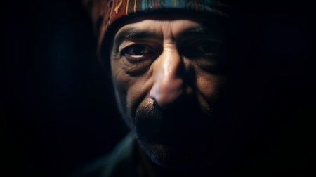 Portrait of an old man in a hat on a dark backgroundの素材