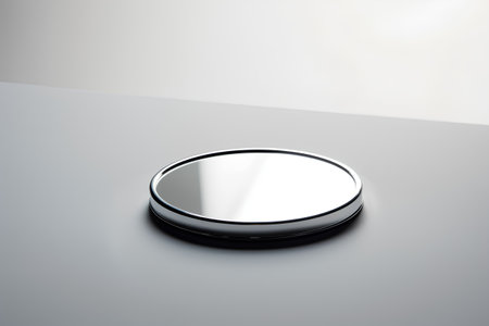 3d render of a round glossy button on a grey background.の素材