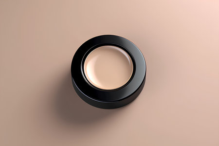 3d render of black round button isolated on beige background.の素材
