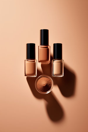 Nail polish bottles on orange background with shadows. 3d renderingの素材