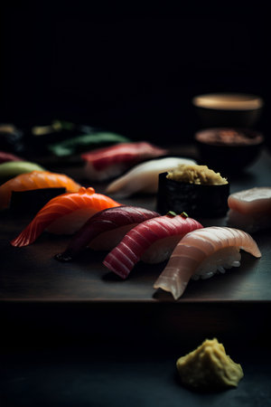 Sushi set on a black background. Sashimi, nigiri and nigiri sushi. Japanese food.の素材