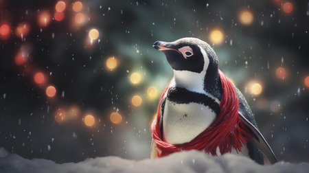 Penguin with red scarf on the snow. Christmas background.の素材