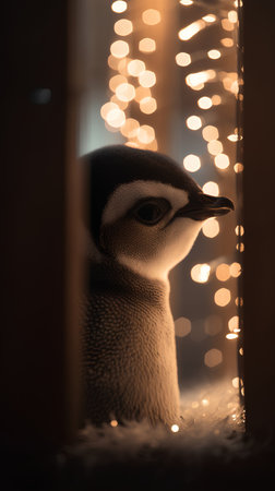 Penguin looking out the window with lights on background. Christmas conceptの素材