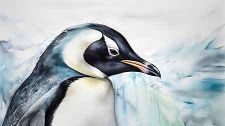 Penguin on the ice. Watercolor painting. Vector illustration.の素材
