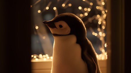 Cute little penguin with christmas lights in the background.の素材