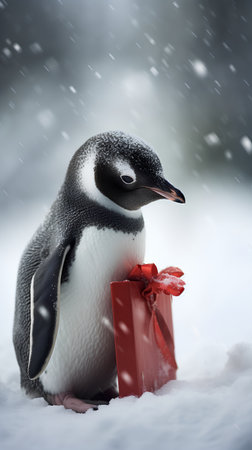Penguin with gift box on snow background. Christmas card.の素材