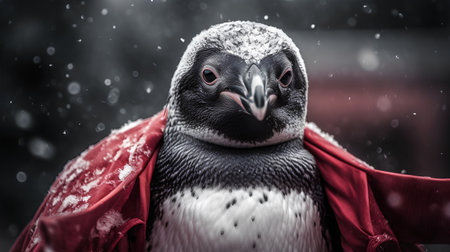 Humboldt penguin in red cloak under snowfall.の素材