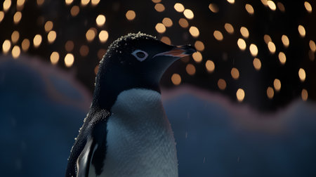 Penguin in the rain with bokeh lights on backgroundの素材