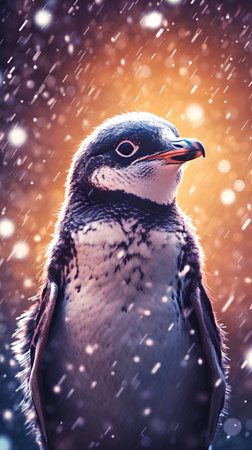 Penguin on the background of a winter landscape with falling snow.の素材