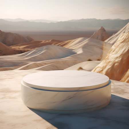 3d render of white marble podium in the middle of the desertの素材