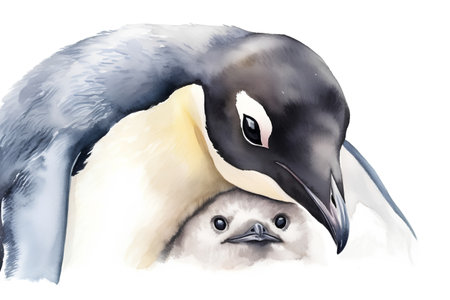 Gentoo penguin and chick. Hand drawn watercolor illustrationの素材