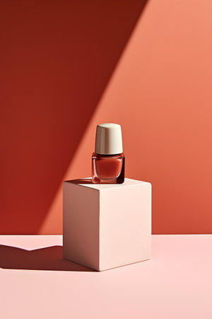 3d render of beige nail polish bottle on a square podiumの素材