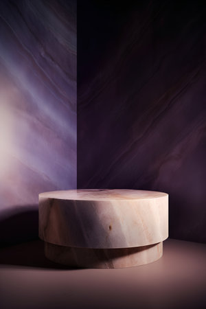 3d rendering of a marble product stand on a dark background.の素材