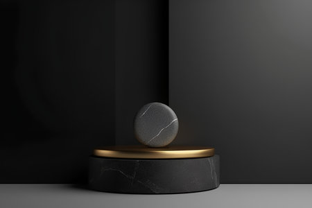 3d render of black and golden podium for product presentation on dark backgroundの素材