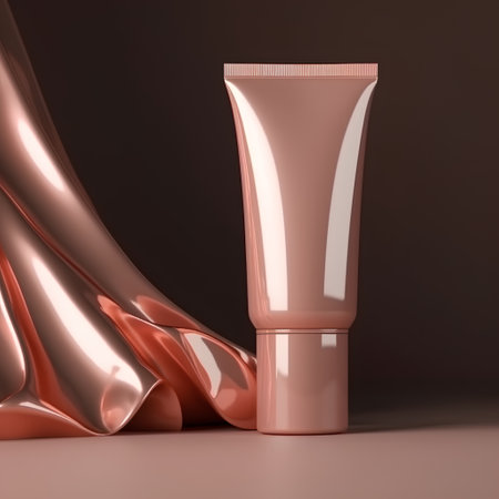 pink cosmetic tube with satin on brown background, 3d renderの素材
