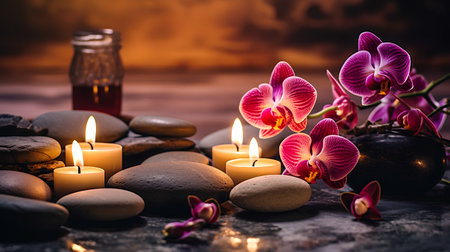 Spa still life with burning candles, orchid flowers and stonesの素材