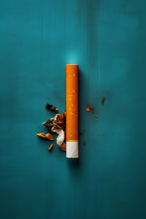 Cigarette butt and ashtray on grunge blue backgroundの素材