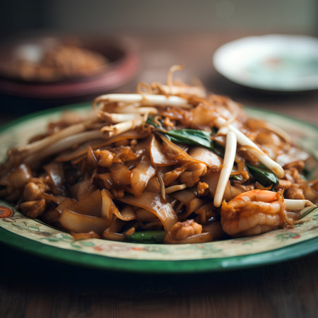 Stir fried rice noodle with shrimps in green plateの素材