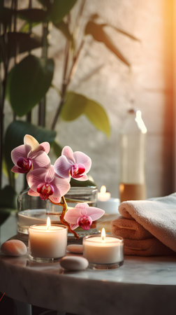 Spa still life with burning candles, orchid flowers and towelsの素材