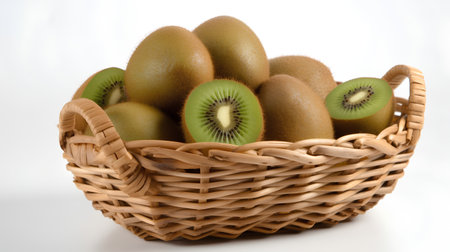 Kiwi fruit in a wicker basket on a white backgroundの素材