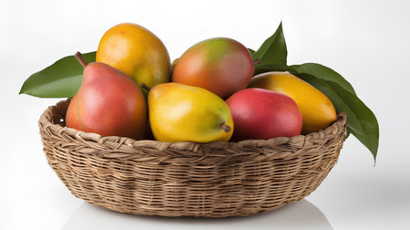 Mango fruit in a wicker basket on a white background.の素材