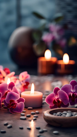 Spa still life with pink orchids and candles on wooden backgroundの素材